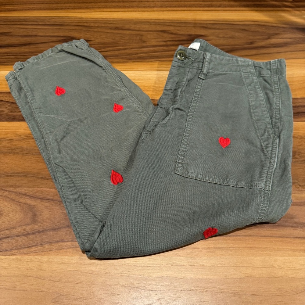 THE GREAT. Gray Cargo Pants with Red Heart Accents